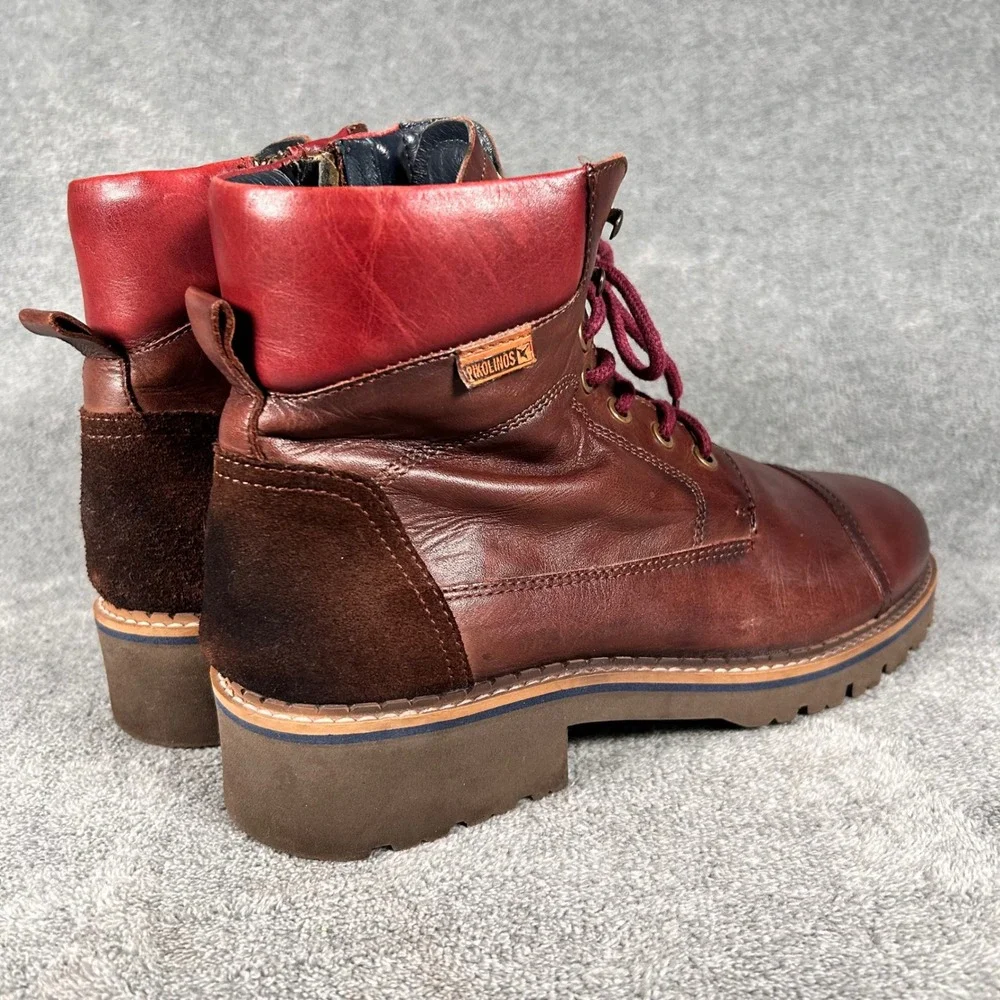 Pikolinos York Boots Brown Cognac Leather Burgundy Red Side Zip Mens 8 EU 41